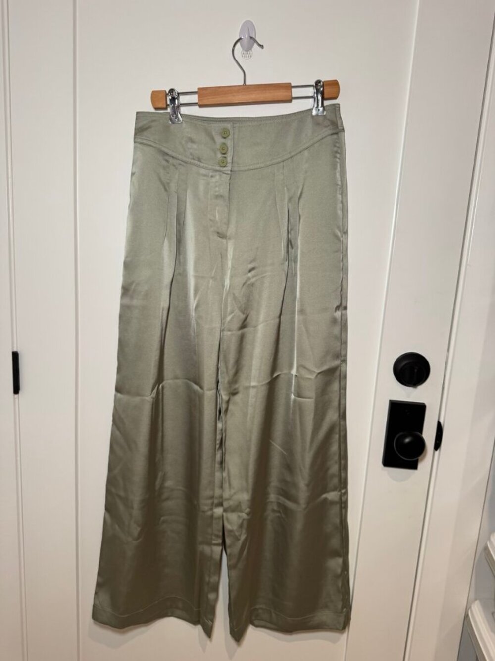 NWT Love McNicoll Sage Green Satin Wide Leg Pants M